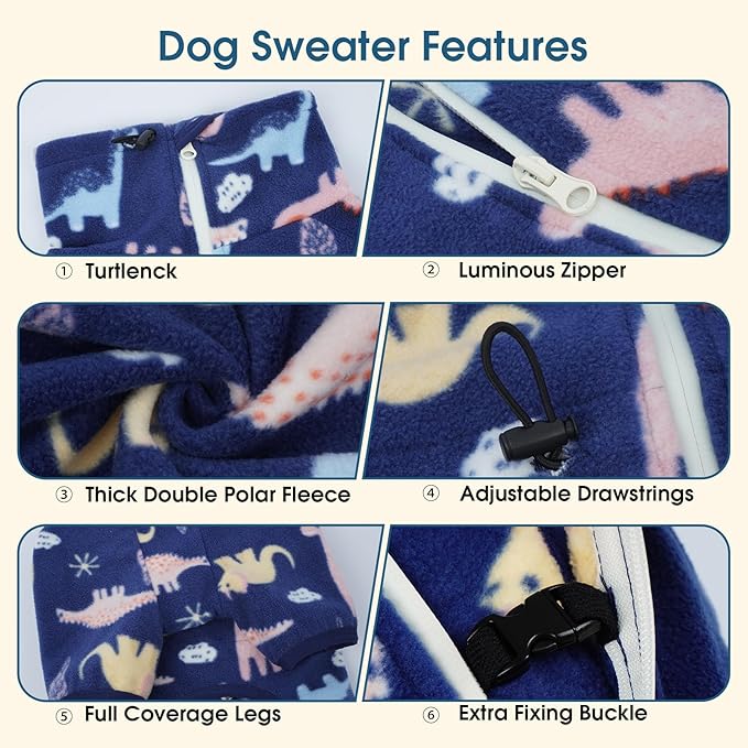 ROZKITCH Dog Winter Coat Soft Fleece Pullover Pajamas, Pet Windproof Warm Cold Weather Jacket Vest with Reflective Zipper, Jumpsuit Apparel Outfit Clothes for Small Dog Dinosaur 2XS