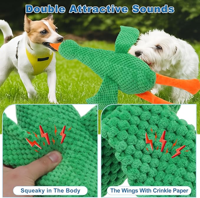 Dog Toys for Aggressive Chewers, Goose Chew Toy for Dogs, Squeaker Crinkle Plush Toy, Tough Interactive Dog Chew Toys, Green