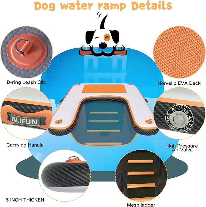 ALIFUN Inflatable Dog Ramp Floating Dock Water Raft Ladder for Pool, Boat, Non-Slip EVA Floating Ladder for Dog Up to 220 LBs Borange 140CM Length
