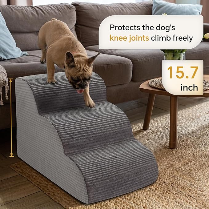 15.7”H Curved Dog Stairs Ramp for Beds Couches, Pet Steps with Durable Non-Slip Washble Fabric Cover, Pet Stairs for Bed Climbing, Dog Steps for Small Dogs and Cats, 3-Tiers(23.4" D x 15.7" W)