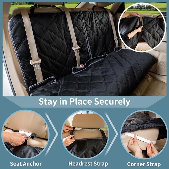 ZQ Bench Car Seat Cover for Dogs, Waterproof Rear Seat Protector Stays Securely in Place for Pets, Dog Backseat Cover Fit for Standard Cars & SUVs (Black)