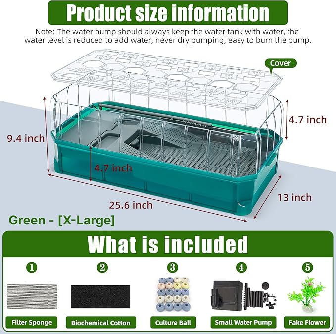 25.6×13×9.4'' Turtle Aquarium Turtle Tank with Filter-Rain Shower SPA Experience, Water Changes, and Ample Space for Activities-Suitable for Tortoises, Turtles, Hermit Crabs