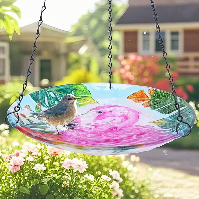 MUMTOP Hanging Bird Baths for Outdoors - Glass Bird Bath, 11 Inch Hanging Bird Bath Pink Flamingo Bird Feeder Bowl for Outside, Garden, Lawn Yard Decor