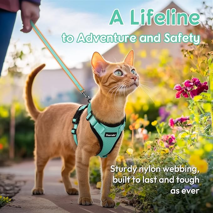 Dooradar Cat Harness and Leash Set, Escape Proof Safe Adjustable Kitten Vest Harnesses for Walking, Easy Control Soft Breathable Mesh Jacket with Reflective Strips for Cats, Green, S
