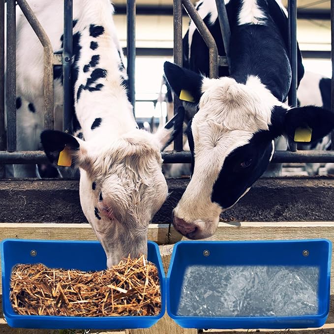 Fence Hanging Chicken Feeder - 4 Pack Feed Trough with Clips for Goat Duck Sheeple Horse Goose, Pig Poultry, Chicken Feeder Bucket Feeding Container for Livestock (Blue)
