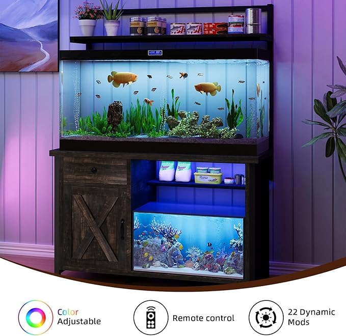 4ever2buy 55-75 Gallon Fish Tank Stand with Power Outlet, Led Light, Heavy Duty Aquarium Stand with Cabinet for Fish Tank Accessories Storage, Shelf, for Turtle Tank, Reptile Terrarium, 1100 LBS, Oak