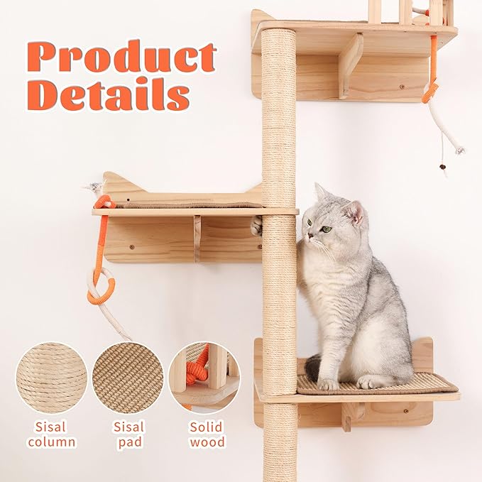 KVIDA Wall-Mounted Cat Tree for Large Cats – 7PCS Cat Wall Shelves with 3 Sisal Posts, Wide Perches & Lookout Tower, Vertical Climbing Cat Furniture for Indoor Cats to Scratch, Climb & Lounge
