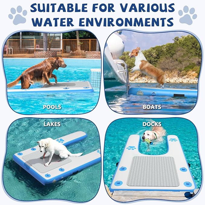 Dog Boat Ramp - Inflatable Dog Pool Ramp for Boat (60" x 35.5"), Non-Slip Water Ladder for Dock, for Pets Up to 250 lbs, Easy Access from Swim Platform, Pool or Floating Docks for Lakes, Blue