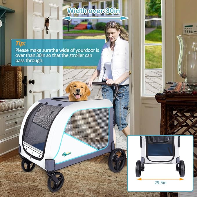 Ownpets Extra-Large Dog Stroller for Large Dogs Up to 154lbs, with Hanging Storage Bag, Foldable Dog Wagon with Adjustable Handle & Breathable Mesh, 4 Wheels Pet Stroller