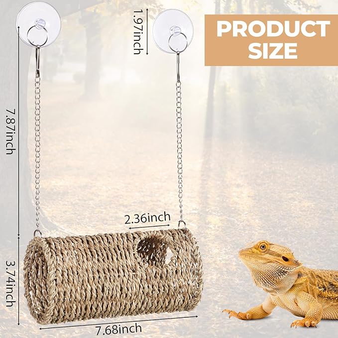 Reptile Hide Cave Hollow Cave Hideout with 2 Pcs Suction Cup and Chains Gecko Hide Reptile Tank Decor Seagrass Fiber Climbing Toys for Lizard Snakes Hermit Crabs(Long Cylindrical)