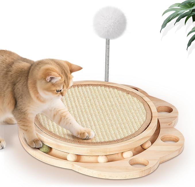 Cat Scratcher for Indoor Cats, Sisal Cat Scratching Pad, 2-Tier Kitten Toys with Wooden Ball Track & Spring Ball -No Assembly Cats Activity Center