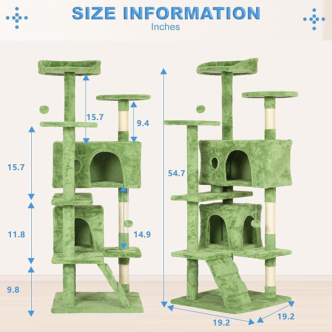 FDW Cat Tree 54in Cat Tower Multi-Level Durable Cat Scratching Post & Cozy Fun Cat Jumping Platform Space Saving Cat Condo Pet Play House for Indoor Cats,Green