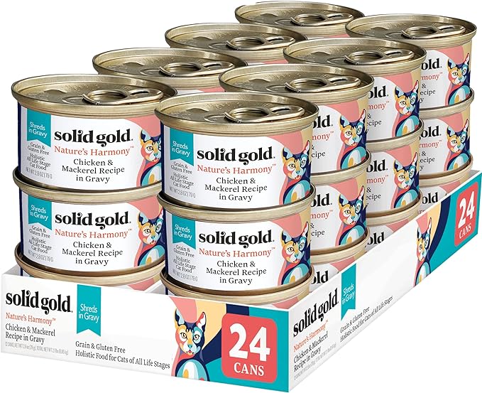 Solid Gold Wet Cat Food Shreds in Gravy - Healthy Canned Cat Food Made w/Real Chicken & Mackerel Shreds, Vitamins & Minerals - Grain Free & Gluten Free Canned Meals for Cats & Kittens - 24ct/3oz Can