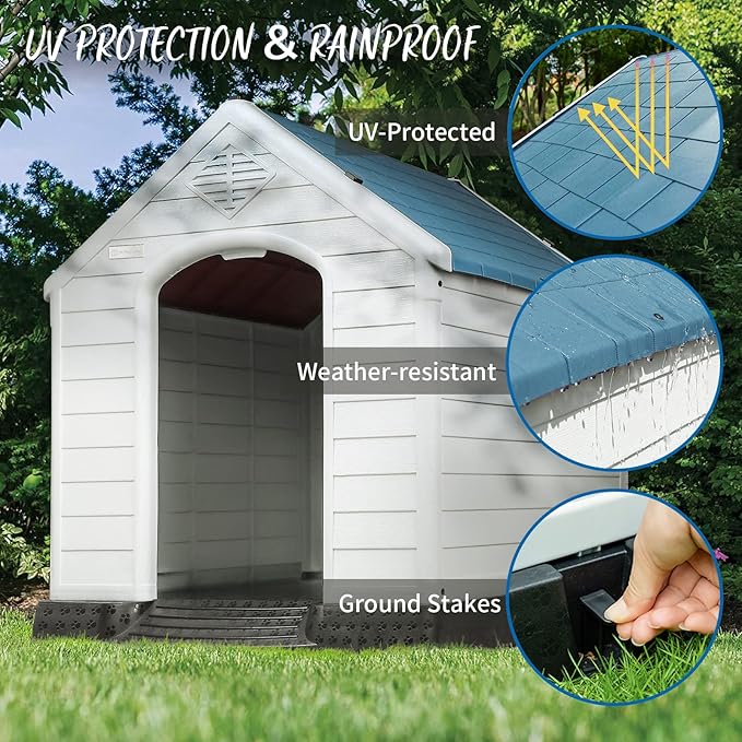 PUKAMI Plastic Outdoor Indoor,Durable Dog House for Small Medium Large Dogs,Waterproof, with Elevated Floor and Air Vents,Ventilate & Easy Clean and Assemble(Blue, 34inch)