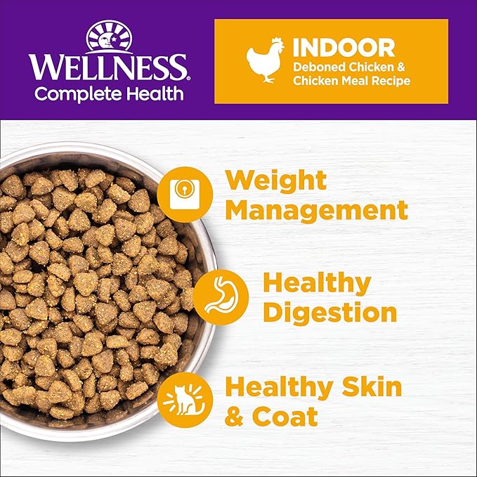 Wellness Complete Health Adult Dry Cat Food for Indoor Cats, Wholesome Grains, Natural, Chicken (5 Pound Bag)