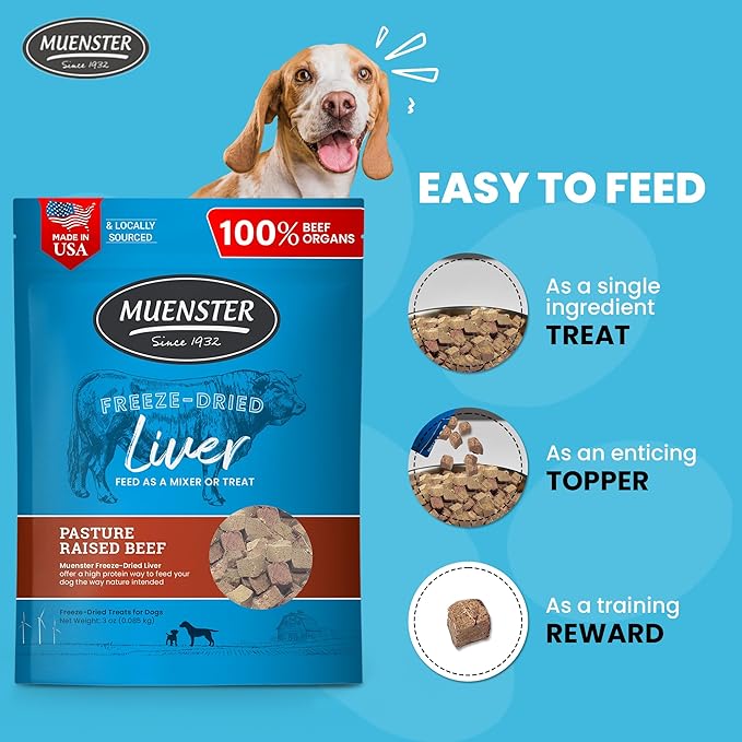 Muenster Freeze Dried Beef Liver Bites - Dog Treats, Mixer or Topper (3oz) - One Ingredient