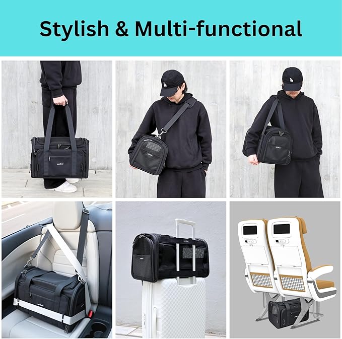Crash-Tested & Airline Approved Dog Carrier (Test with FMVSS 213b -5 Star Safety Rated) | Expandable, Zipper Locks, Fan Pocket | TSA Pet Carrier Airline Approved & Cat Car Seat for Pets Under 9lbs