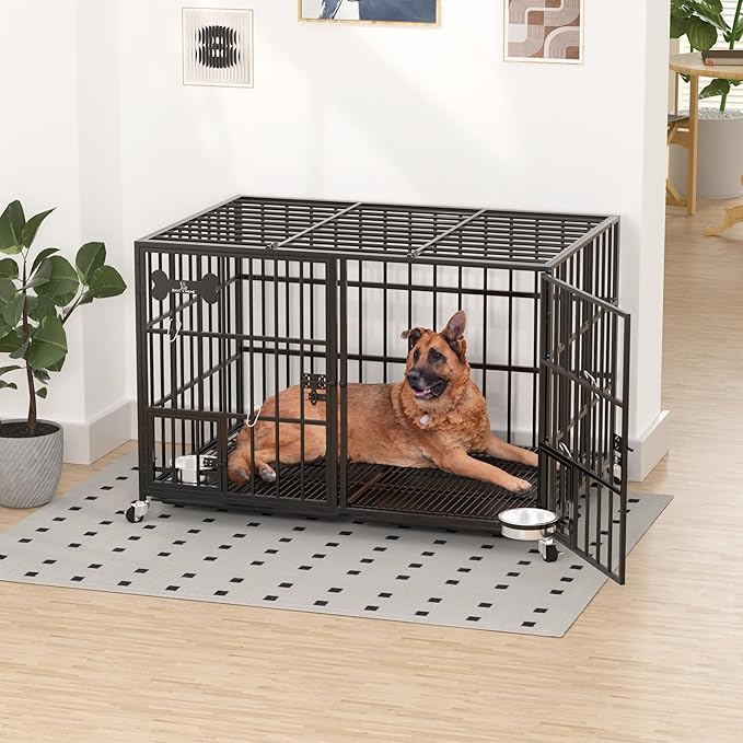Dosker 42 inch Heavy Duty Metal Dog Crate with Divider for 2 Dogs/Large Dog, All Metal Open Top Escape Proof Cage, Indoor Dog Kennel with Wheels, Floor Grid, Tray, Feeding Bowl
