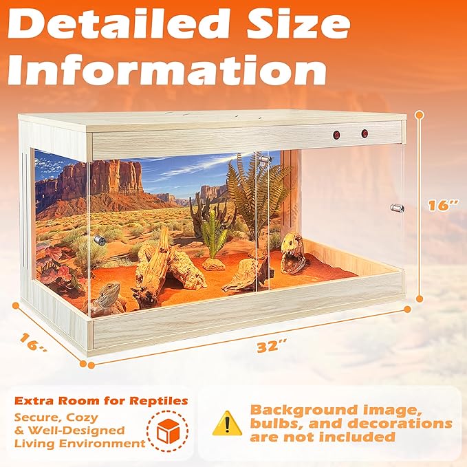 Royxen Tempered Glass Reptile Tank 33 Gallon, Reptile Enclosure with Metal Mesh Top and Lockable Design, Bearded Dragon Tank for Lizard Habitat, 32"x16"x16", Oak