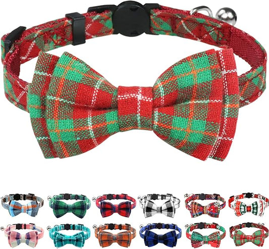 Joytale Upgraded Christmas Cat Collar with Bells, Breakaway Cat Collars with Bow Tie, 1 Pack Girl Boy Safety Plaid Kitten Collars, Red+Green Plaid