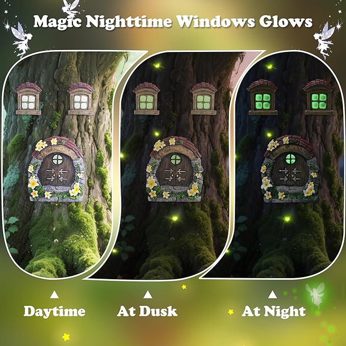 Attivolife Fairy Door and Window for Tree Glow in The Dark - Outdoor Miniature Fairy Garden Decor Weatherproof Resin Treehouse Yard Art Accessories Sculpture for Tree Trunks Fairy House Kit for Gnome