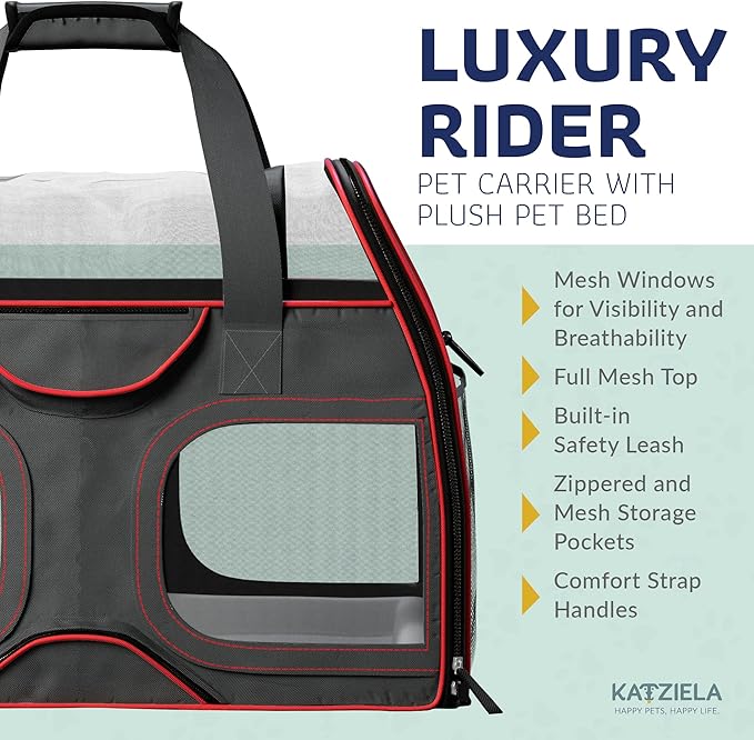 Katziela Luxury Rider Pet Carrier – Airline Compliant & TSA Approved Soft-Sided Travel Bag with Removable Base & 6 Wheels for Small Dogs & Cats – Black/Red