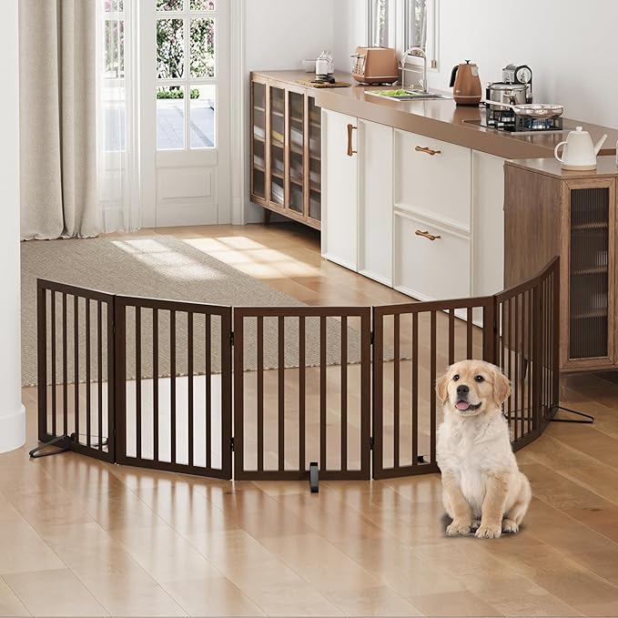Dog Gates for Doorways, Freestanding Dog Gate Indoor, Foldable Pet Gates for Doorways Bedroom, Puppy Gate with Metal Support Feet, Room Divider 6 Panels (Dark Walnut)