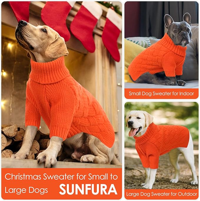 SUNFURA Small Dog Sweater, Turtleneck Dog Sweater for Cold Weather, Puppy Knitwear Pullover for Christmas Thanksgiving, Pet Winter Knitted Sweatshirt for Pug Dachshund, Orange S