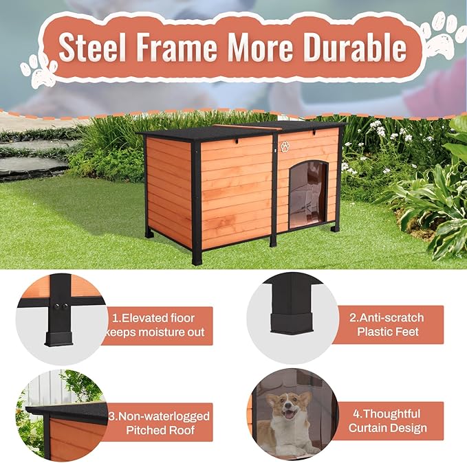 Outdoor Dog House, Indoor Outdoor Doghouse Puppy Shelter Dog House with Iron Frame,Anti-Bite Design Dog Home for Small Medium Some Large Dogs (Orange, Large)