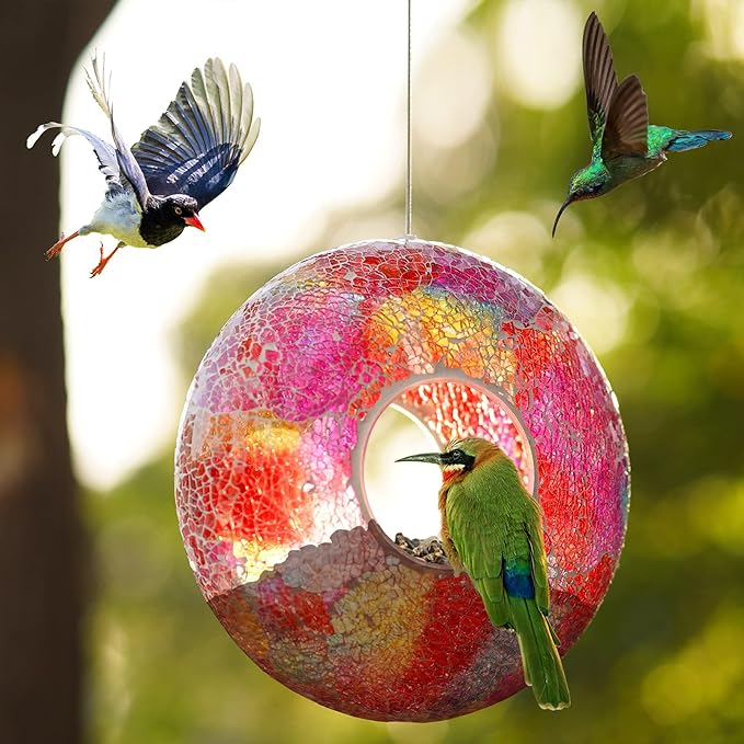 Topadorn Mosaic Bird Feeder - Hanging Circular Fly-Through Feeder for Wild Birds