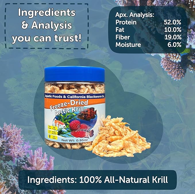 Aquatic Foods Inc. Arctic Krill, Freeze Dried Krill, High in Natural Color Enhancing for Large Cichlids, Tropical Fish, Koi, Turtles, 12-Type Pellet Mix & 4-Type Wafer Mix Included 3.85oz Canister