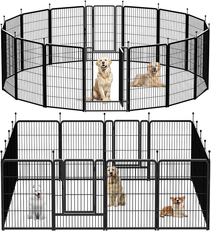 Dog Playpen,Portable Outdoor Dog Fence, Dog Playpen for Large/Medium/Small Dogs, Dog Fences for The Yard,with Doors Foldable Metal (16 Panels, 45 inch)