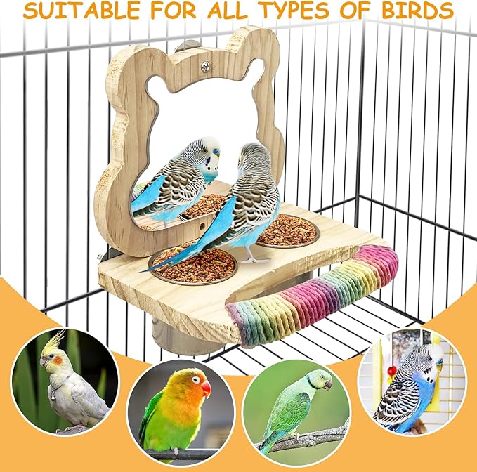 Tfwadmx Bird Parrot Wooden Feeding Cups Small Bird Feeding Dish Cups Stainless Steel Birds Bowls Food Water Bowls with Food Holder for Finches Cockatiel Lovebirds