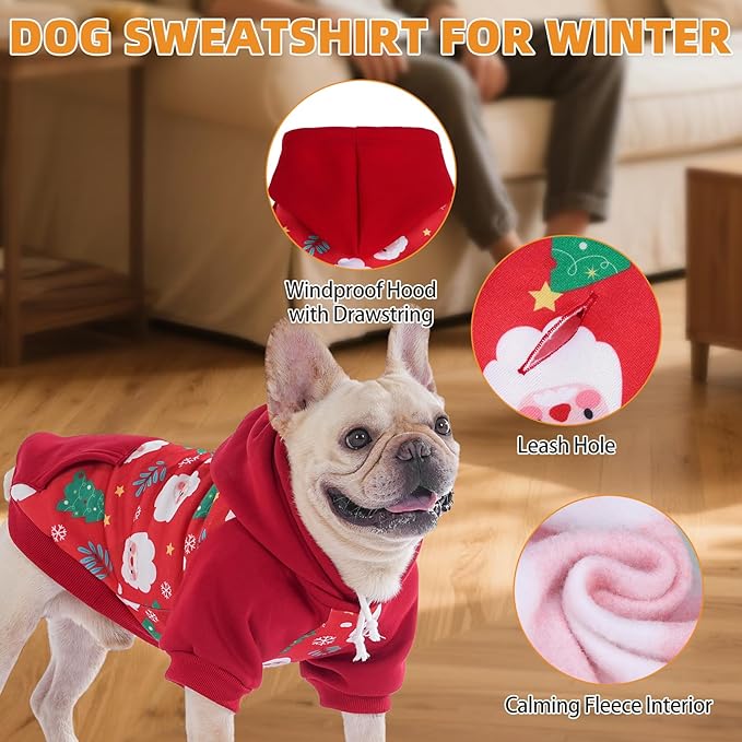 KOOLTAIL Christmas Dog Hoodie for Small Medium Large Dogs - Warm Clothes with Leash Hole, Soft Winter Pet Sweater Hat Hooded Sweatshirt, Clod Weather Coat Outfit for Puppy Cat Girls Boys Red Green, S