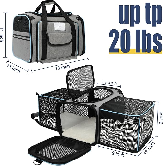 Pet Dog Cat Carrier Soft, Airline Approved Dog Carriers for Small Dogs, Washable Pet Carrier, Large Cat Travel Carriers, Portable TSA Carrier in Cabin, Soft Pet Bag Carrier for Puppy (Grey)