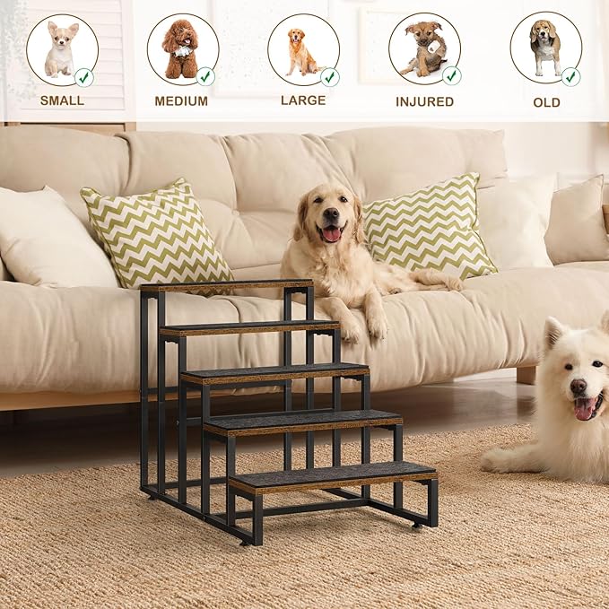 Pet Stairs for High Bed & Couch - 5 Steps Non-Slip Dog Stairs for Small Dogs & Older/Injured Pets, Brown