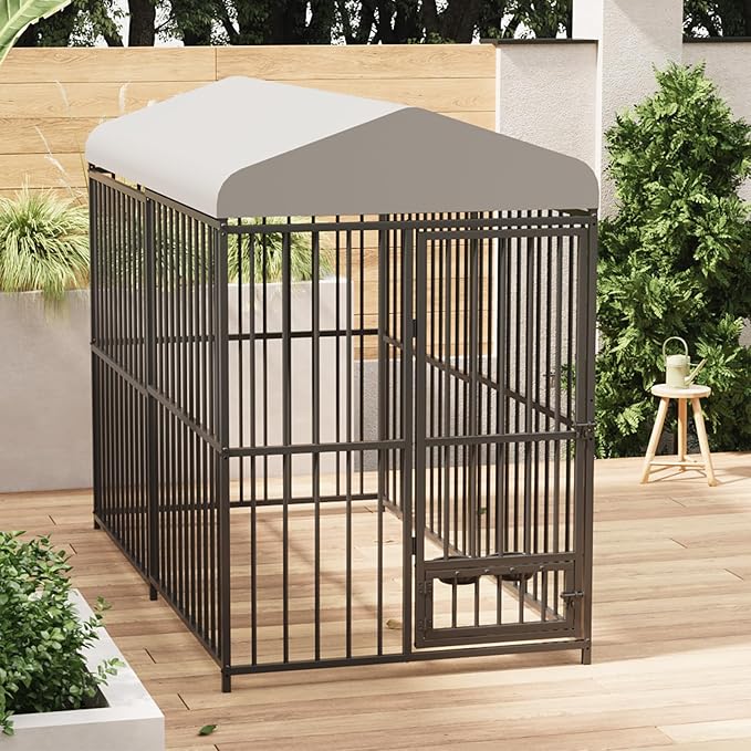 8X4x6FT Large Outdoor Dog Kennel with Swivel Feeder & UV-Resistant Waterproof Roof Covered, Heavy Duty Dog Cage Playpen for Medium and Large Dogs, Easy Assembly
