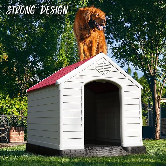 PUKAMI Plastic Dog House Outdoor Indoor,Durable Dog House for Small Medium Large Dogs,Waterproof Dog Houses with Elevated Floor and Air Vents,Ventilate & Easy Clean and Assemble(Red, 42inch)