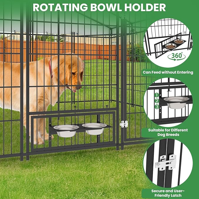 10 x 10 Large Dog Kennel Outdoor - Outside Dog Kennel with Roof, Covered Dog Kennels with Feeding Door and Double Lock, XL Outside Dog Cage for Large Dogs