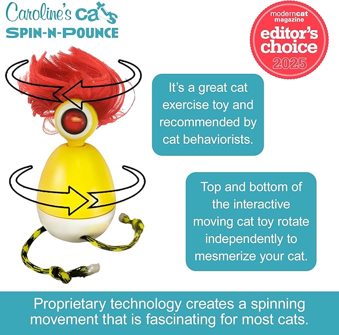 Caroline's Cats Automatic Cat Toy - Rechargeable Spin-N-Pounce with Touch Sensor, Silent Motor, 360-Degree Rotation, Interactive Kitten Toys for Indoor Cats, Encourages Self-Play and Exercise