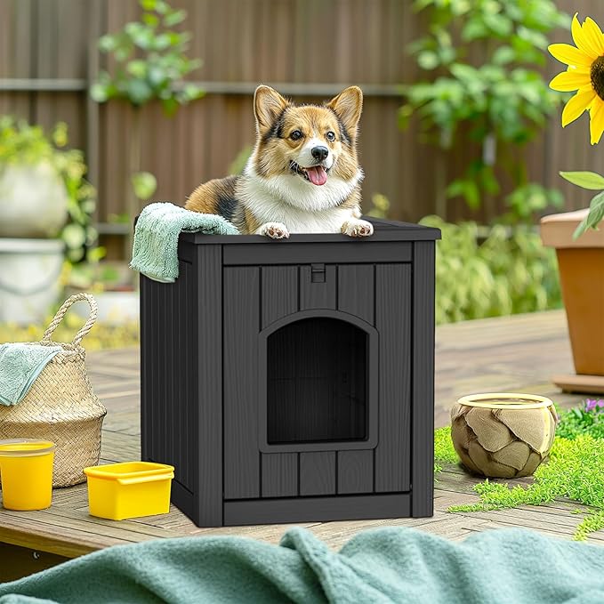 ROJIK Dog House Outdoor Waterproof,Resin Puppy Shelter Indoor with Flip Lid and Elevated Floor,Cat Duck Chicken Shelter, Portable and Easy Assembly(Black)