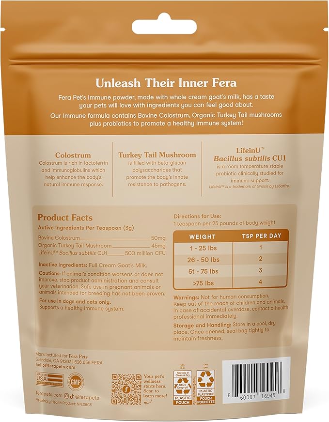 Fera Pet Organics Immune Goat Milk, Cat & Dog – Vet Created - Pet Allergy & Immunity Aid – Probiotic - Colostrum & Turkey Tail Mushroom-60 Servings