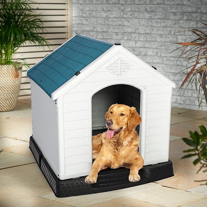 LUCKYERMORE Large Dog House Outdoor Indoor Pet Dog Puppy Shelter Crate Plastic Weather-Resistant Cage, Large
