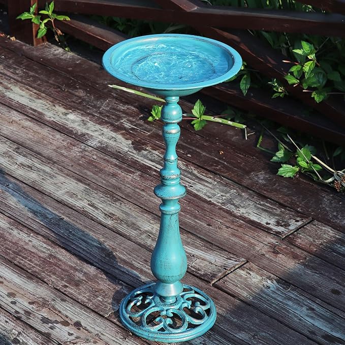 26.6”H Cast Iron Pedestal Bird Bath,Metal Birdbaths Bird Feeder Seed Tray for Garden Yard Decor -Blue.