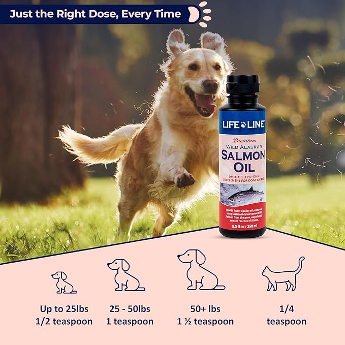 Life Line Wild Alaskan Salmon Oil for Dogs & Cats | Omega-3 Fish Oil with DHA & EPA | Skin & Coat Support | Brain, Heart & Eye Health – 8.5 oz