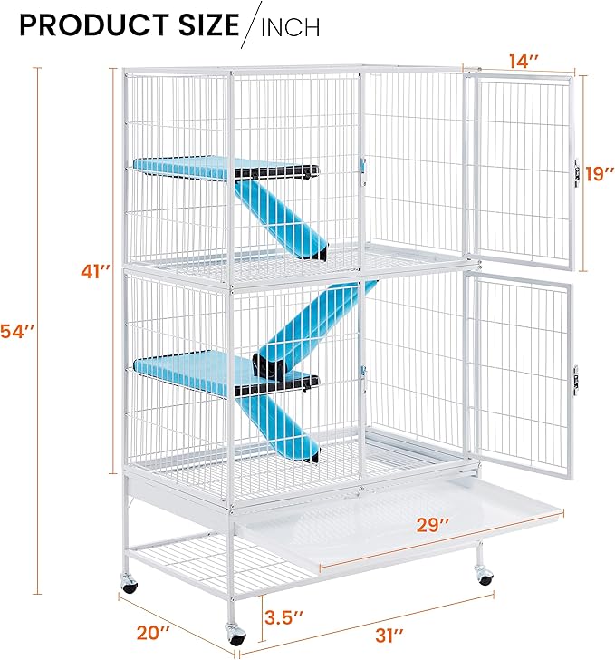 Yaheetech Rolling 2-Story Ferret Cage Small Animal Cage for Chinchilla Adult Rats Metal Critter Nation Cage w/ 2 Removable Ramps/Platforms White