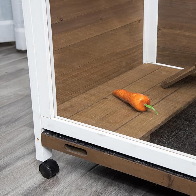 PawHut Rabbit Hutch with Wheels, Desk and Side Table Sized, Wooden Rabbit Cage, Waterproof Small Bunny Cage with Removable Tray, Openable Roof, for Rabbits, Chickens, Ducks, Indoor/Outdoor, Brown
