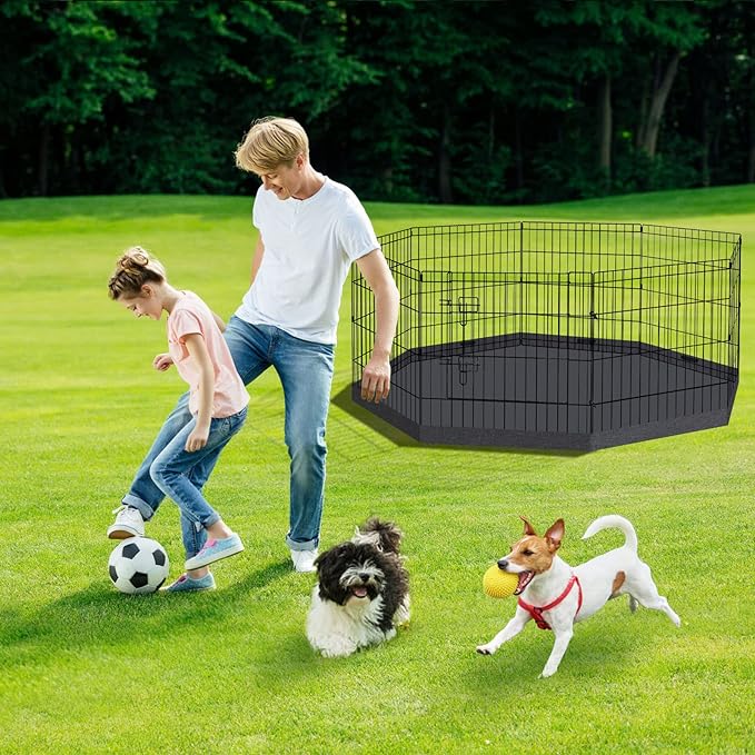 Dog Pen Pet Playpen Dog Fence Indoor Foldable Metal Wire Exercise Puppy Play Yard Pet Enclosure Indoor Outdoor 8 Panels 24 Inch with Bottom Pad/Top Cover (Black with Bottom pad)