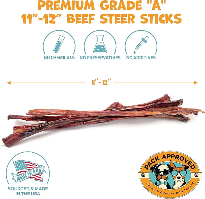 Steer Sticks for Dogs Rawhide Free Dog Treats - Single Ingredient Bullysticks Natural Dogs Chews - Odor Free Bully Sticks - Fully Digestible Dog Chew Stick 11-12" (10 Count)