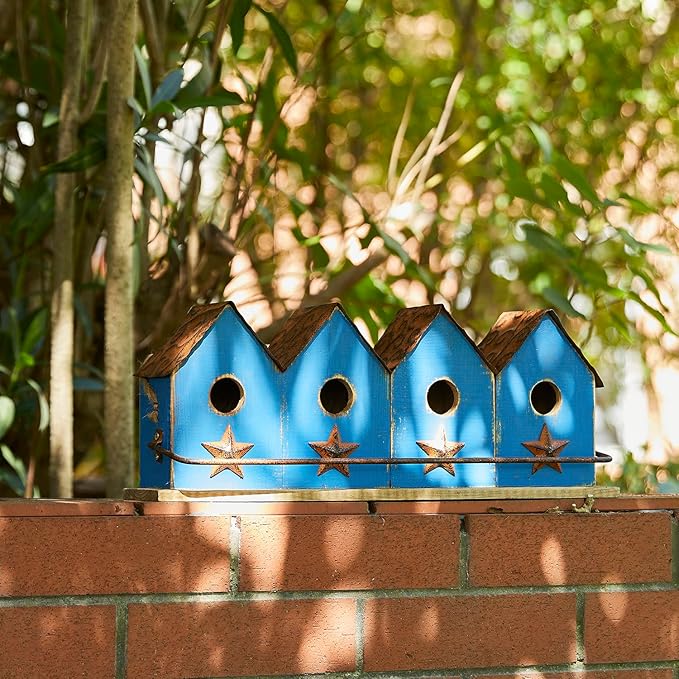 Glitzhome 17" L Retro Blue Distressed Solid Wood Birdhouse with Perch Garden Hanging Bird House for Outdoors